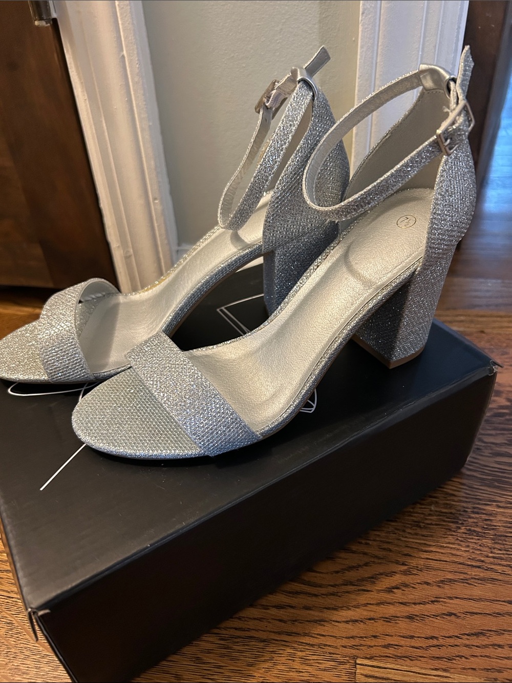 Women's Silver Glitter Block Heel Sandals with Ankle Strap